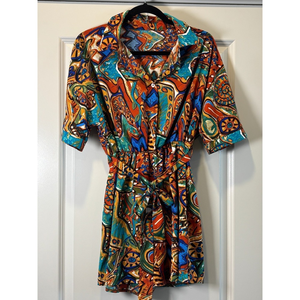 Womens Romper Multicolor Abstract Print Collared Waist Belted Tribal Bohemian